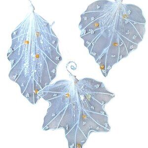 Set of 3 handcrafted delicate leaf ornaments embellished with small beads